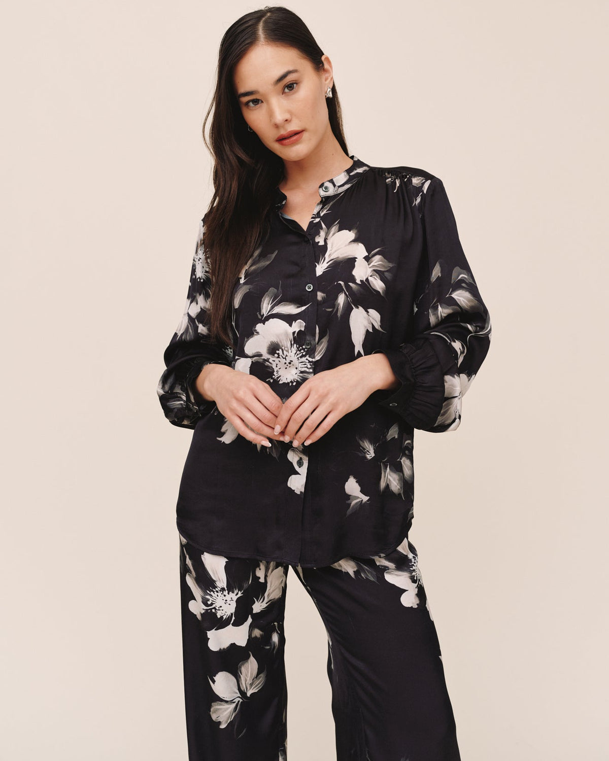 Long Sleeve Mandarin Collar Shirt - Noir Bloom Print