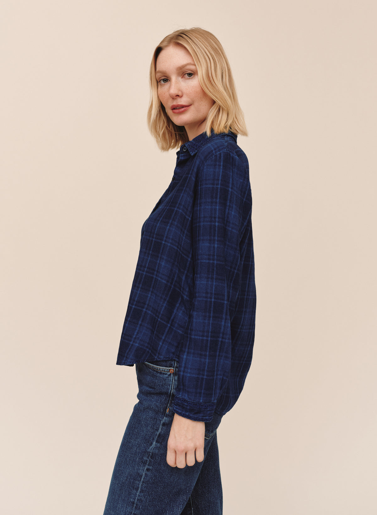 Embroidered Long Sleeve Shirt - Dark Indigo Plaid