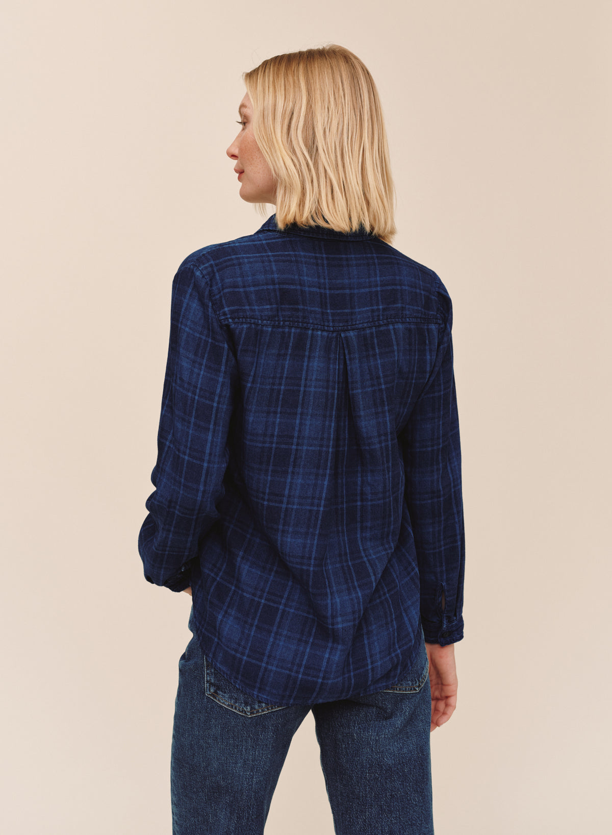 Embroidered Long Sleeve Shirt - Dark Indigo Plaid