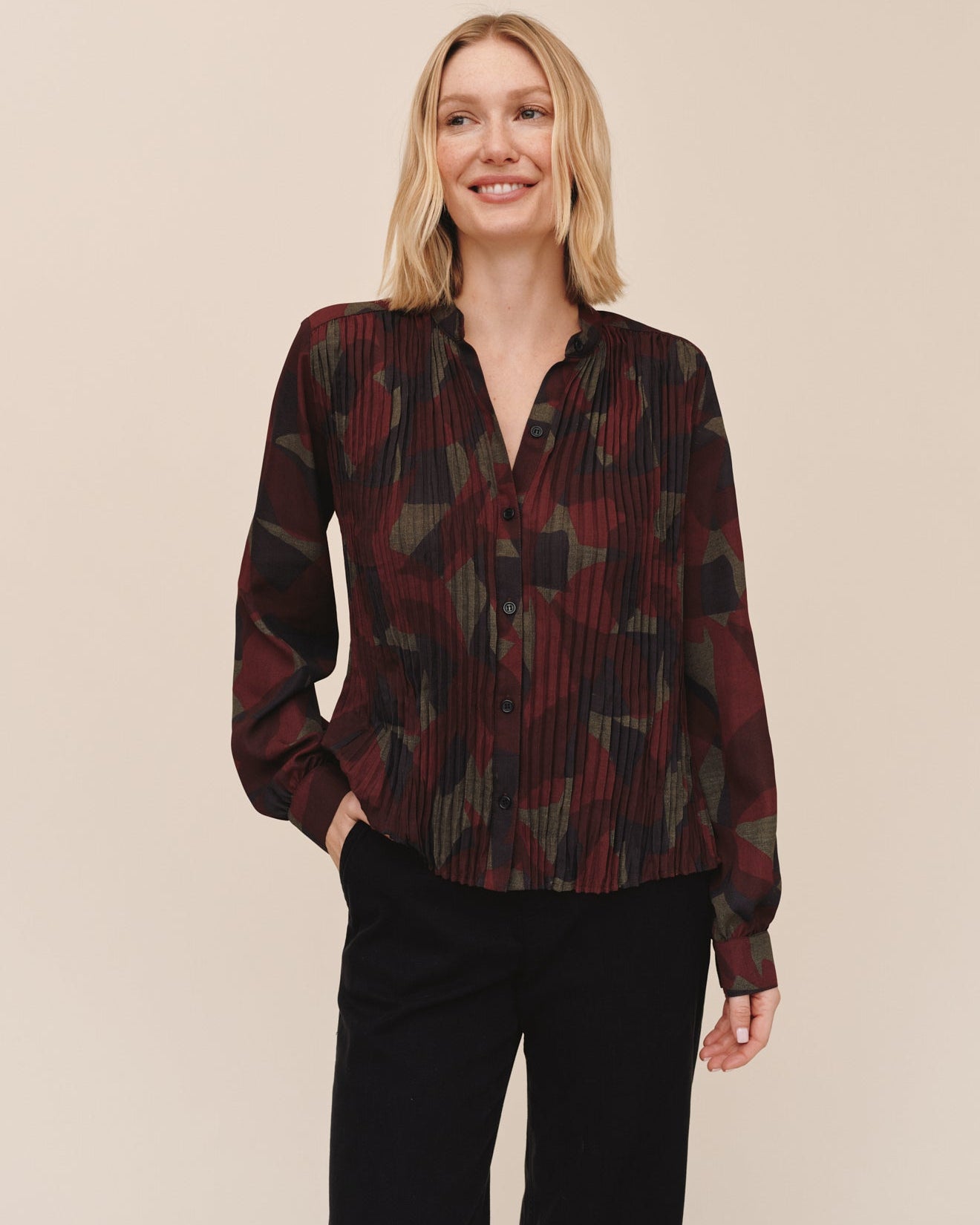 Pleated Bodice Shirt- Abstract Camo Print