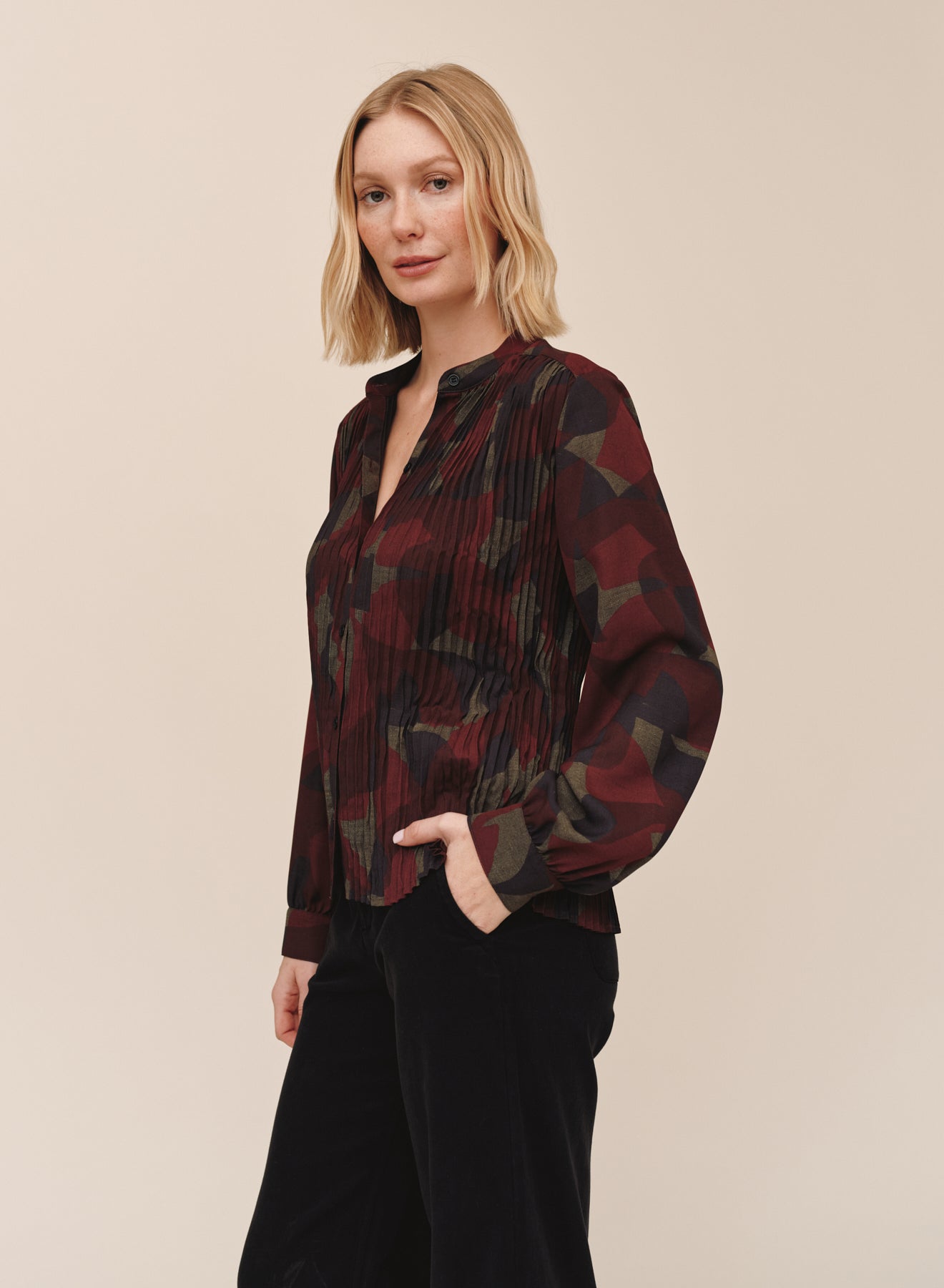 Pleated Bodice Shirt- Abstract Camo Print