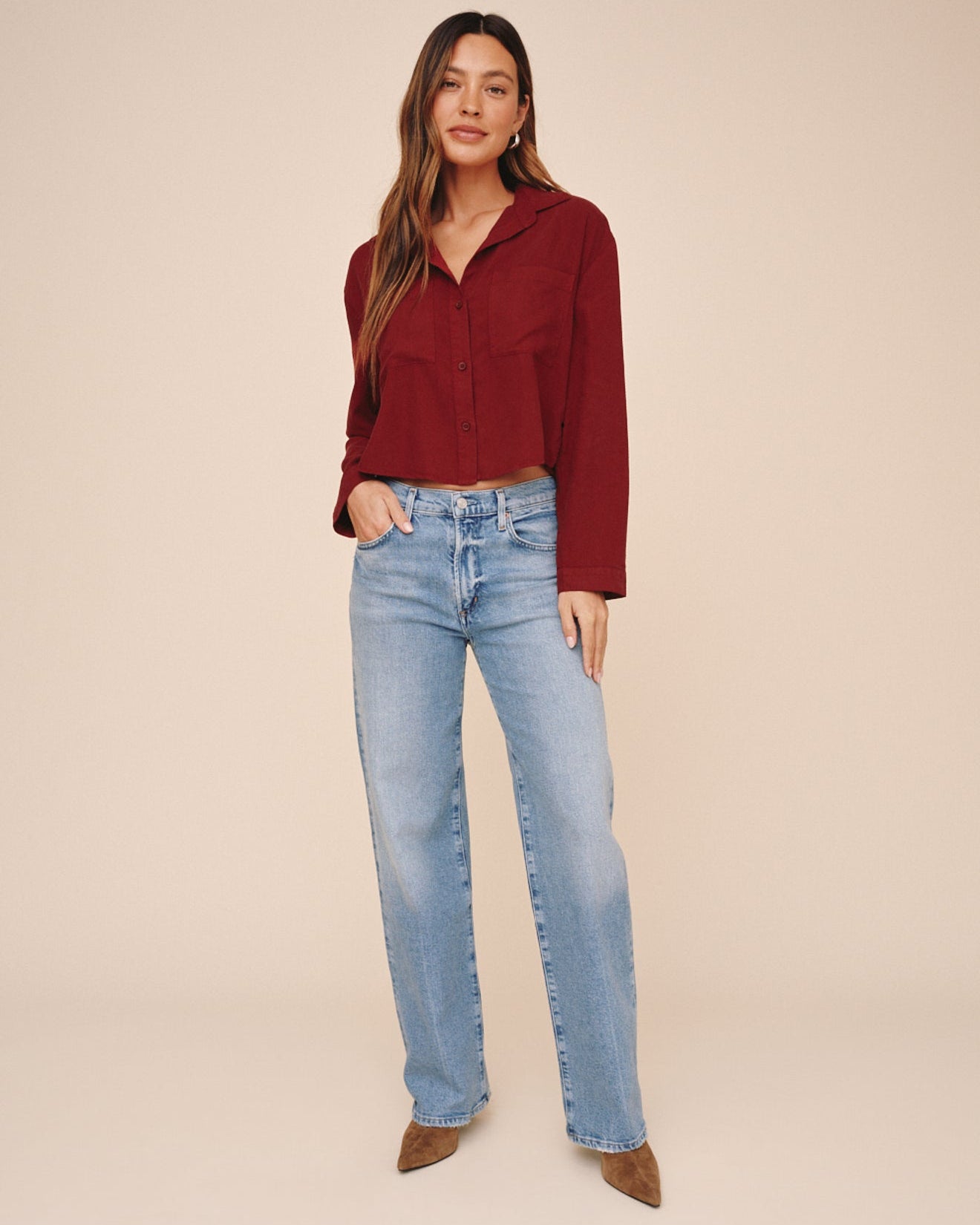Cropped Button Down - Deep Crimson