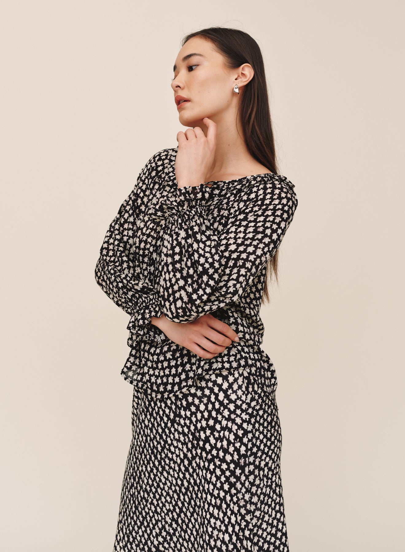 Tie Neck Ruffle Top - Sketched Stars Print
