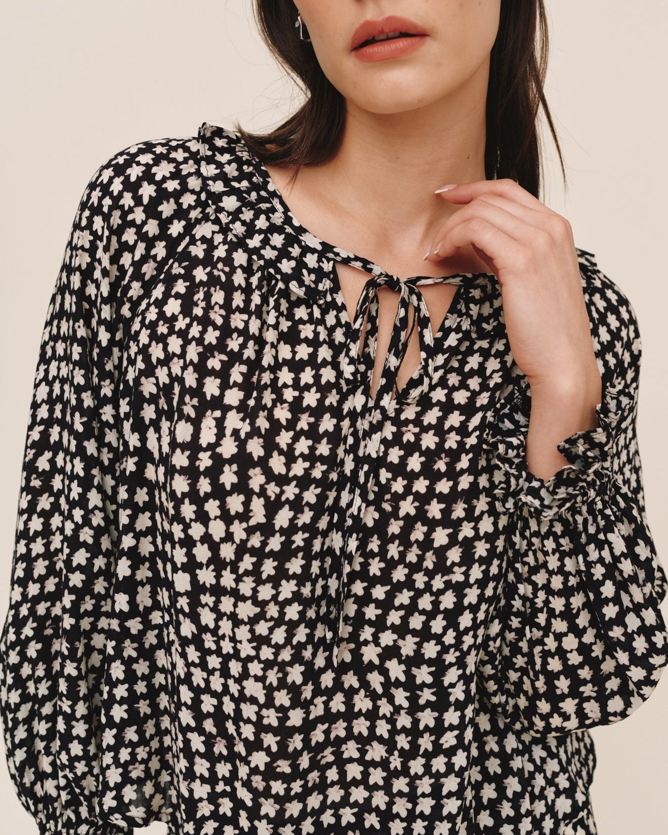 Tie Neck Ruffle Top - Sketched Stars Print