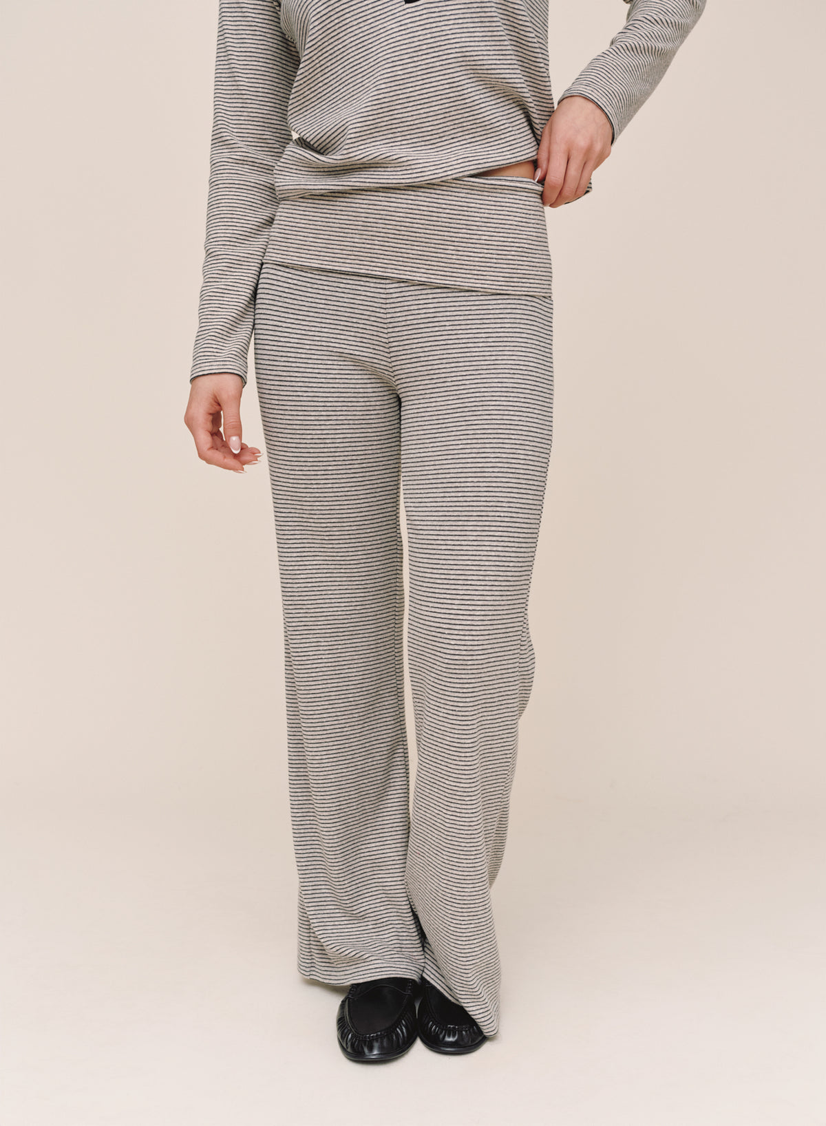 Fold Over Wide Leg Pant - Heathered Stripe