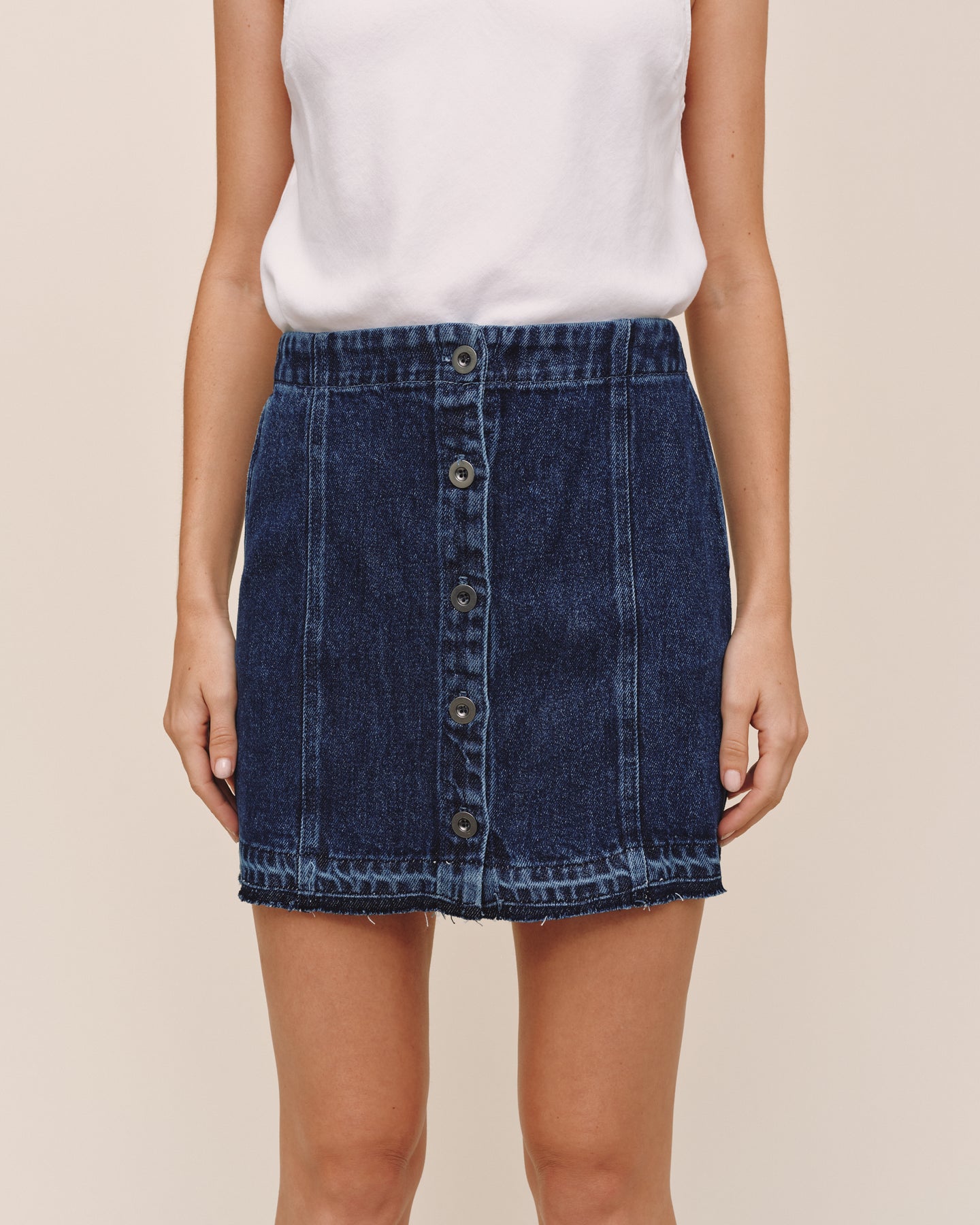 Button Front Mini Skirt With  Release Hem - Dark Rinse Wash