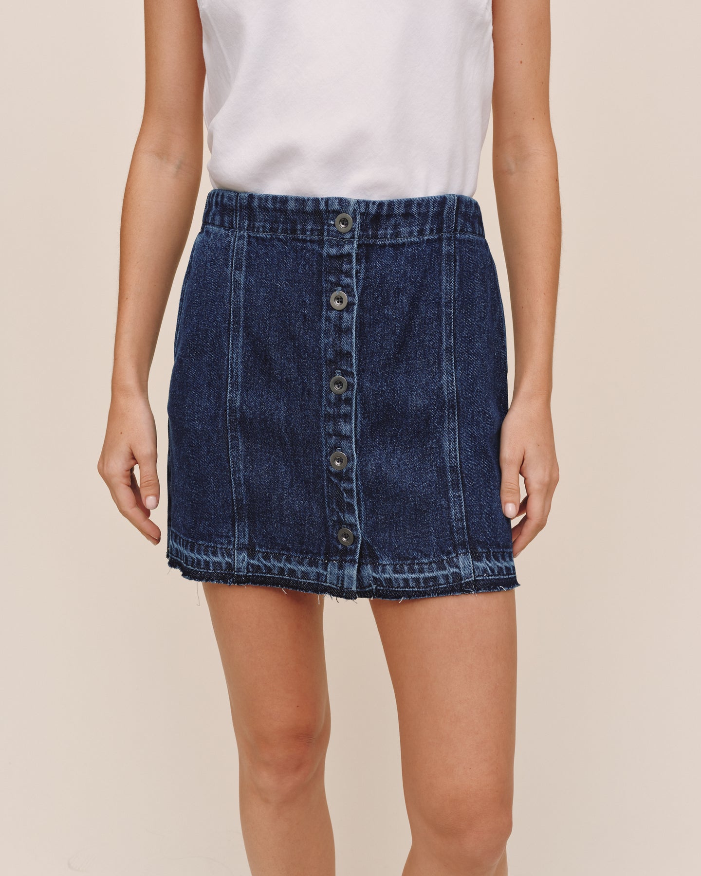 Button Front Mini Skirt With  Release Hem - Dark Rinse Wash