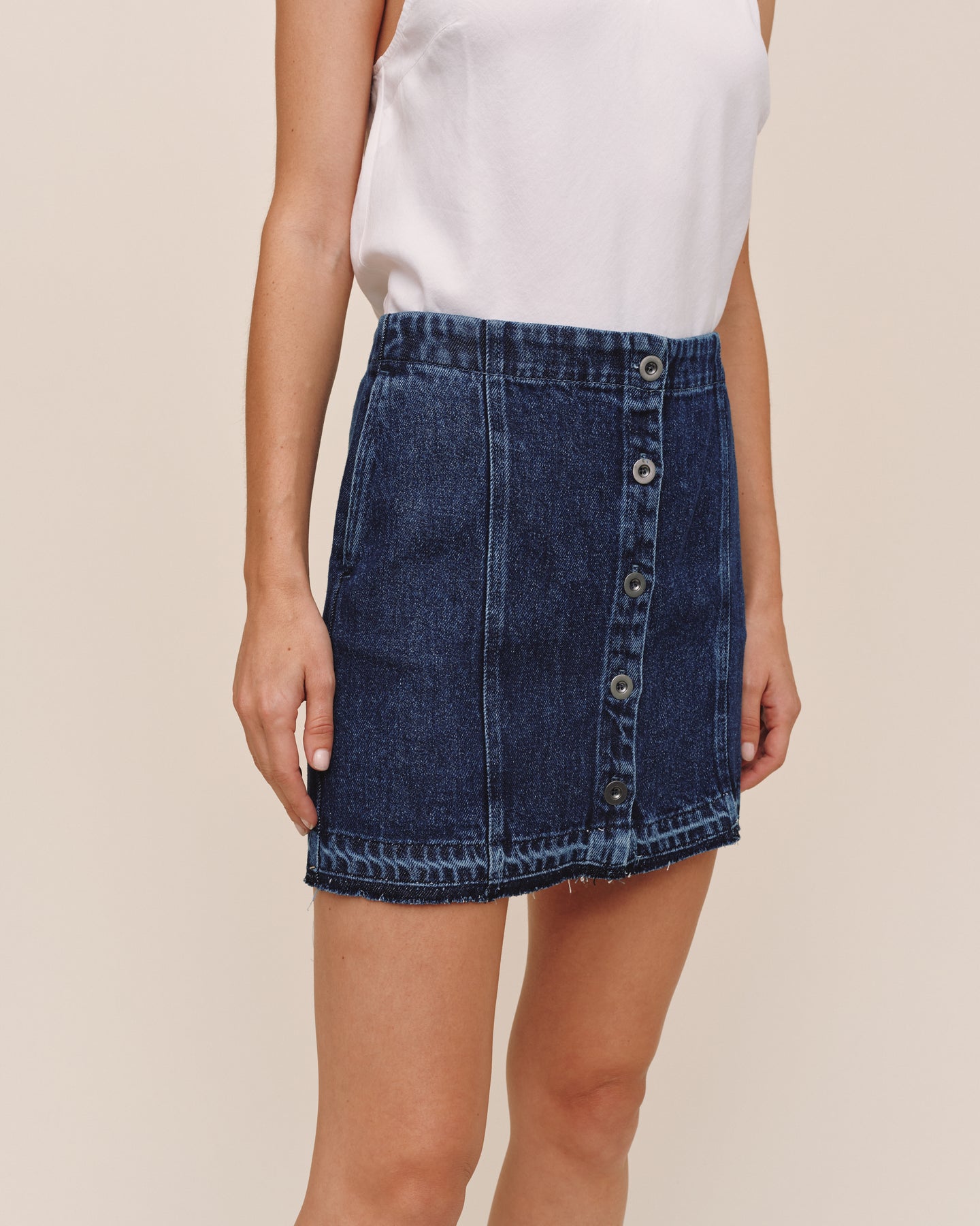 Button Front Mini Skirt With  Release Hem - Dark Rinse Wash