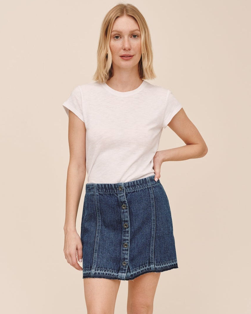 Button Front Mini Skirt With  Release Hem - Dark Rinse Wash