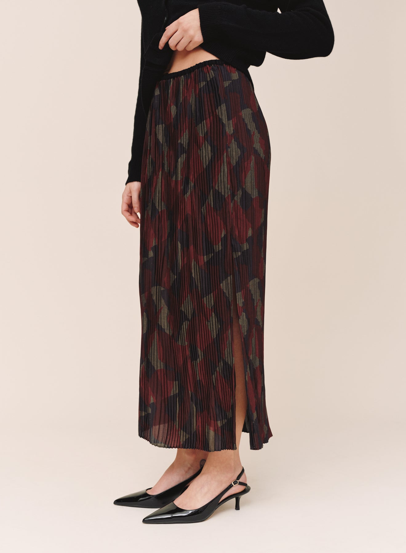 Front Slit Pleated Skirt - Abstract Camo Print