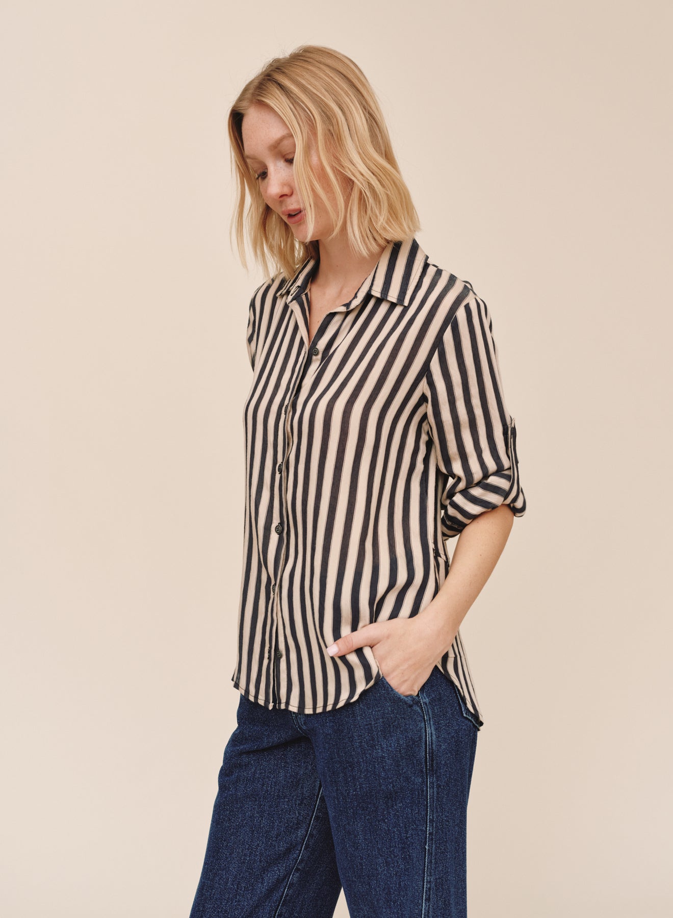 Split Back Button Down - Black-Ecru Stripe