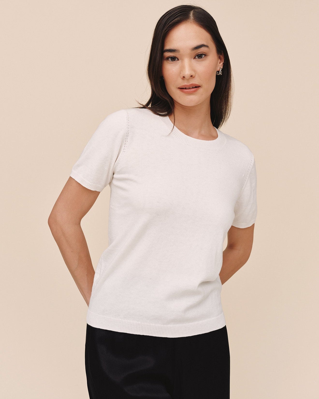 Short Sleeve Crew Neck Knit Top - Ivory