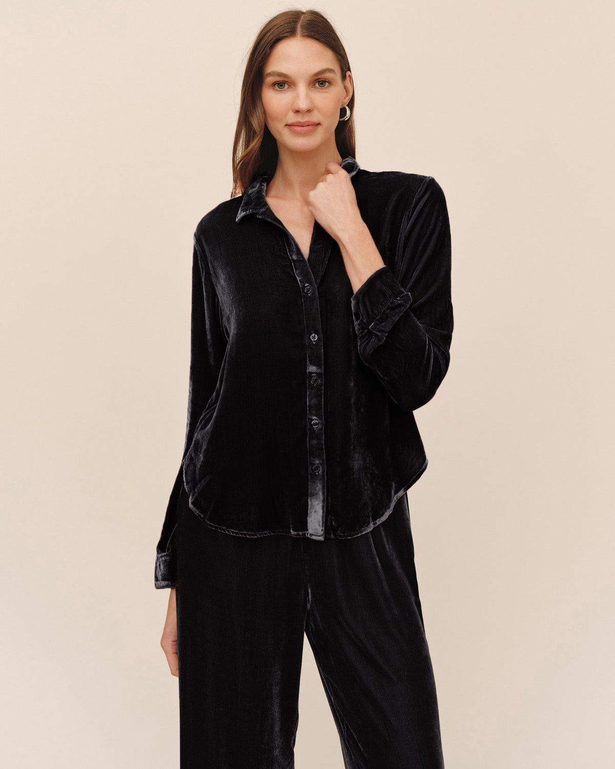 Velvet Long Sleeve Clean Shirt -  Black