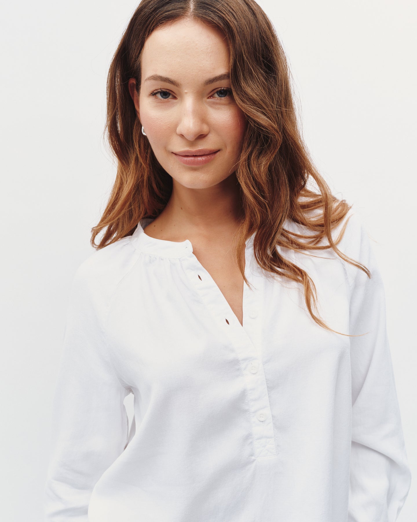 Long Sleeve Wide Placket Pullover  - White