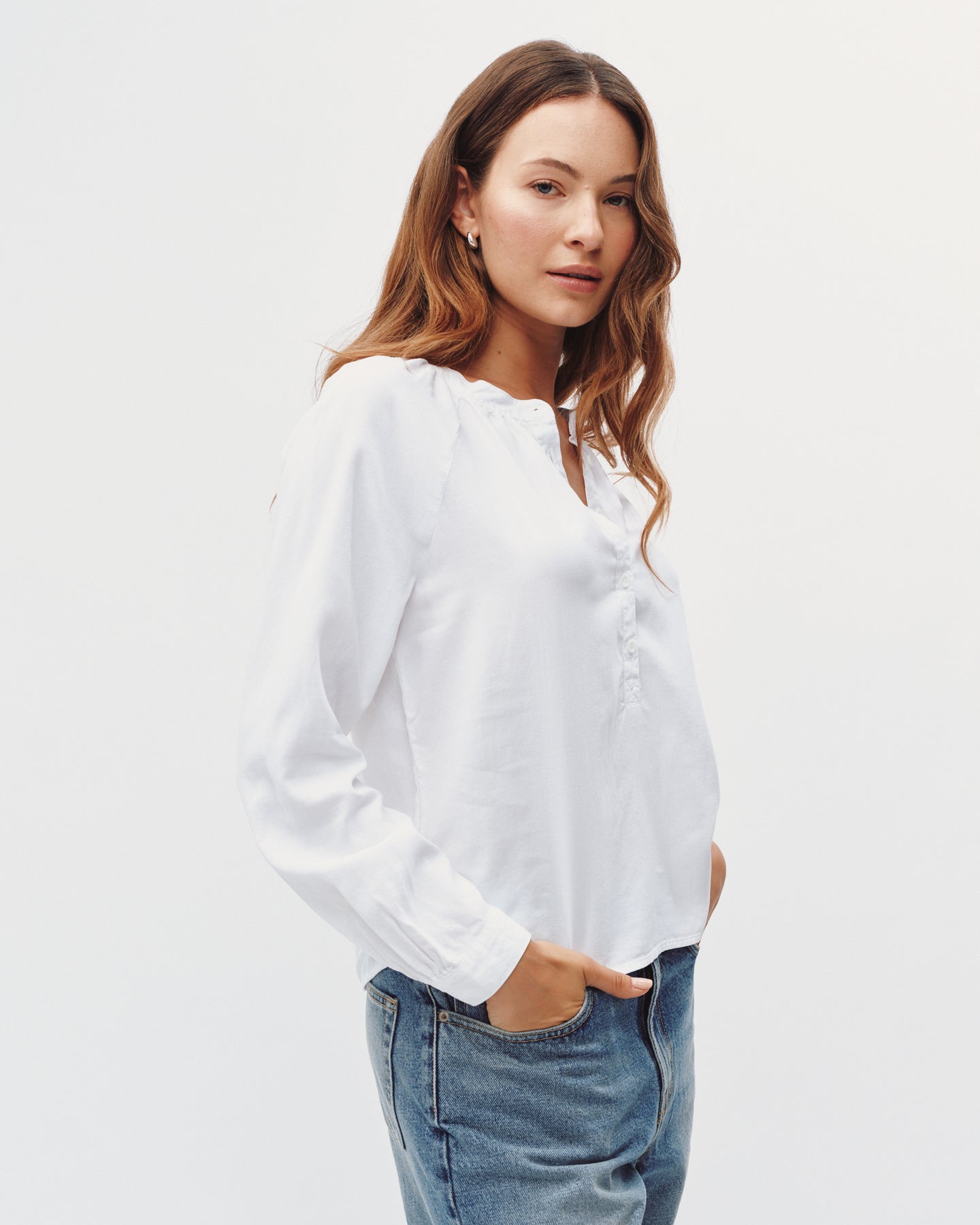 Long Sleeve Wide Placket Pullover  - White
