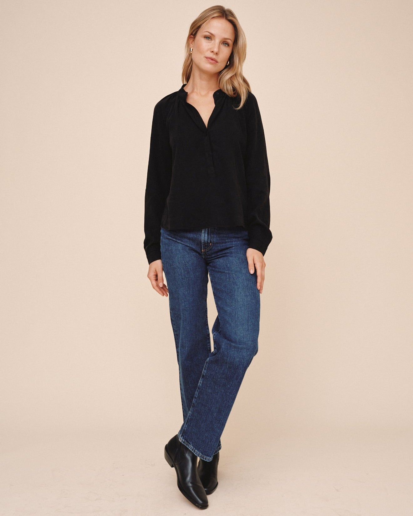 Long Sleeve Wide Placket Pullover - Vintage Black