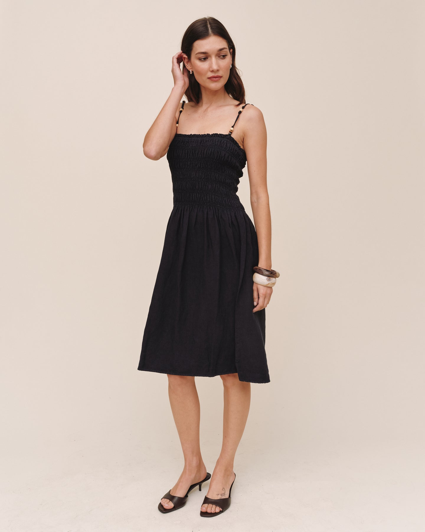 Smocked Dress With Beaded Straps - Black