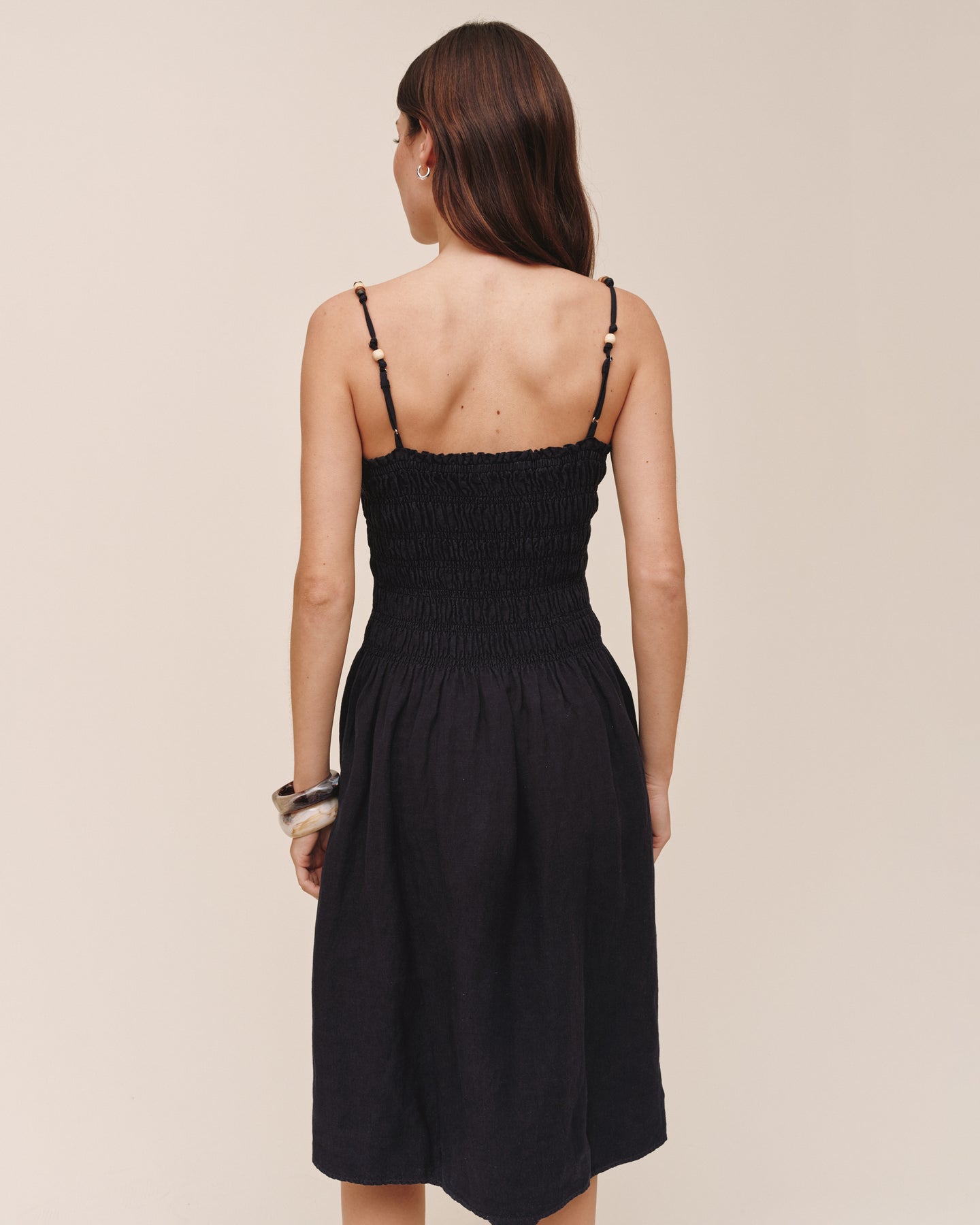 Smocked Dress With Beaded Straps - Black