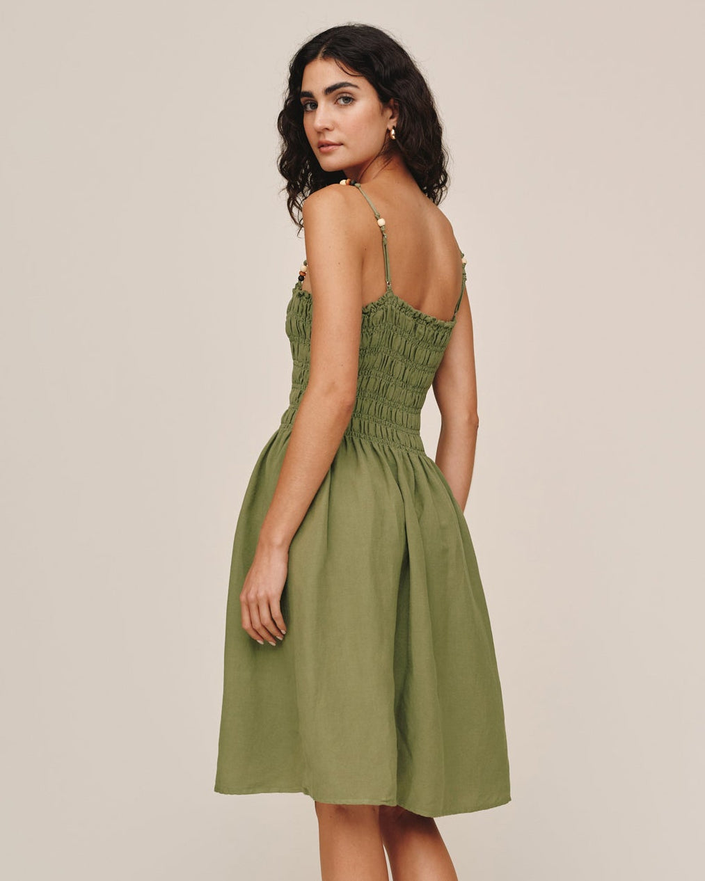 Smocked Dress With Beaded Straps - Olive Leaf