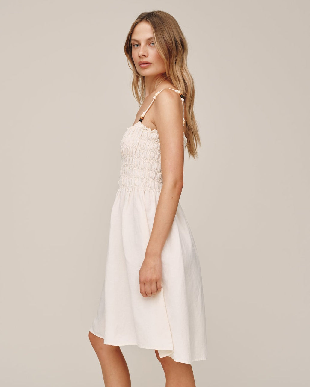 Smocked Dress With Beaded Straps - Sand Stone