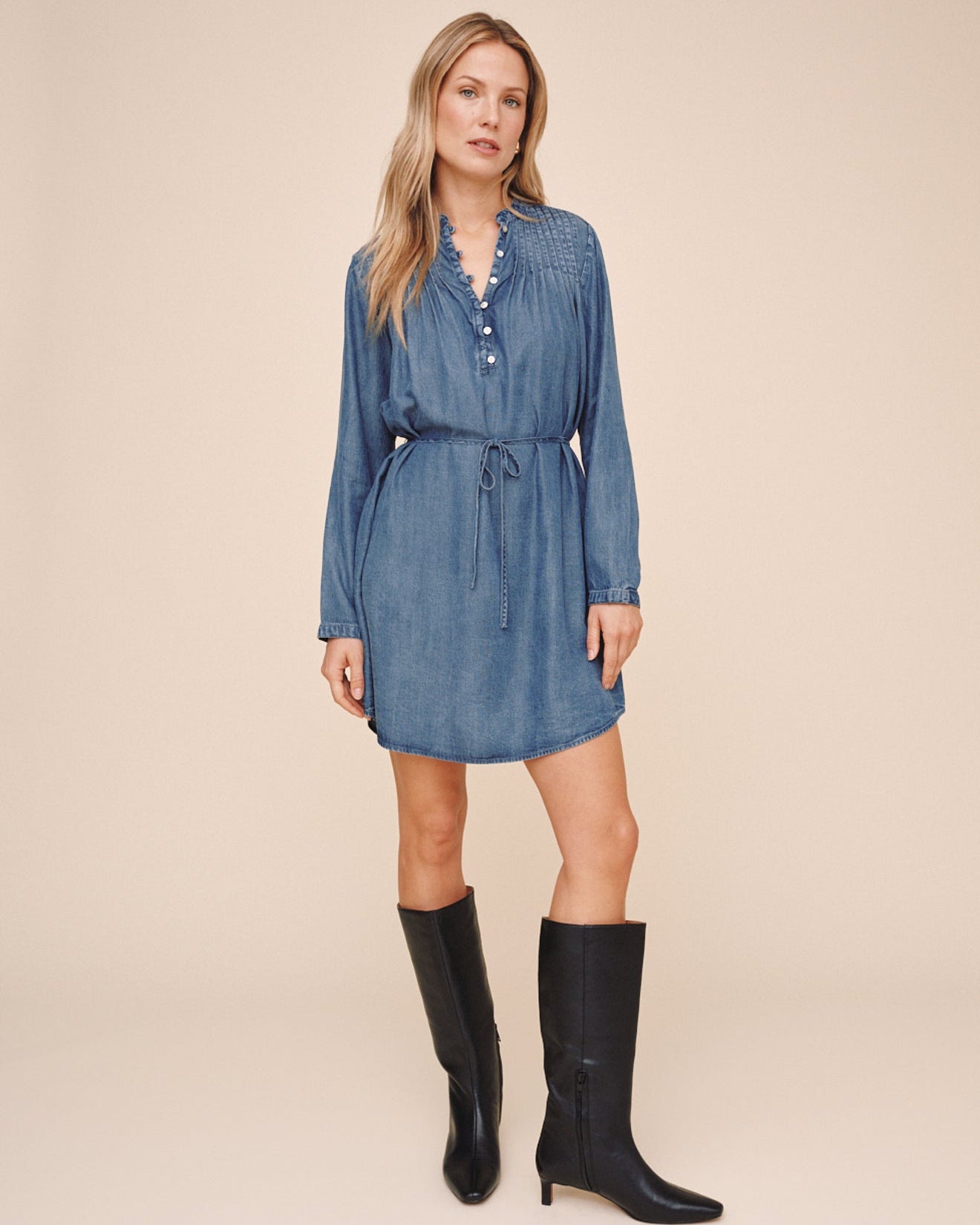 Pintuck Shirt Tail Dress - Shadow Blue Wash