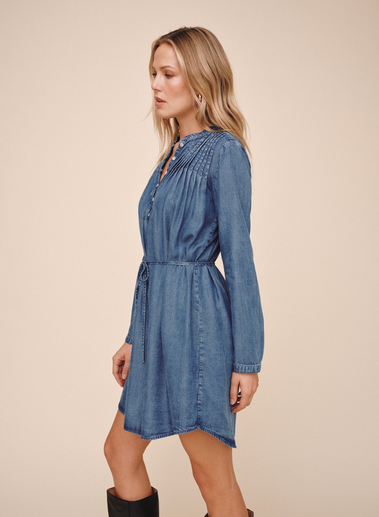 Pintuck Shirt Tail Dress - Shadow Blue Wash