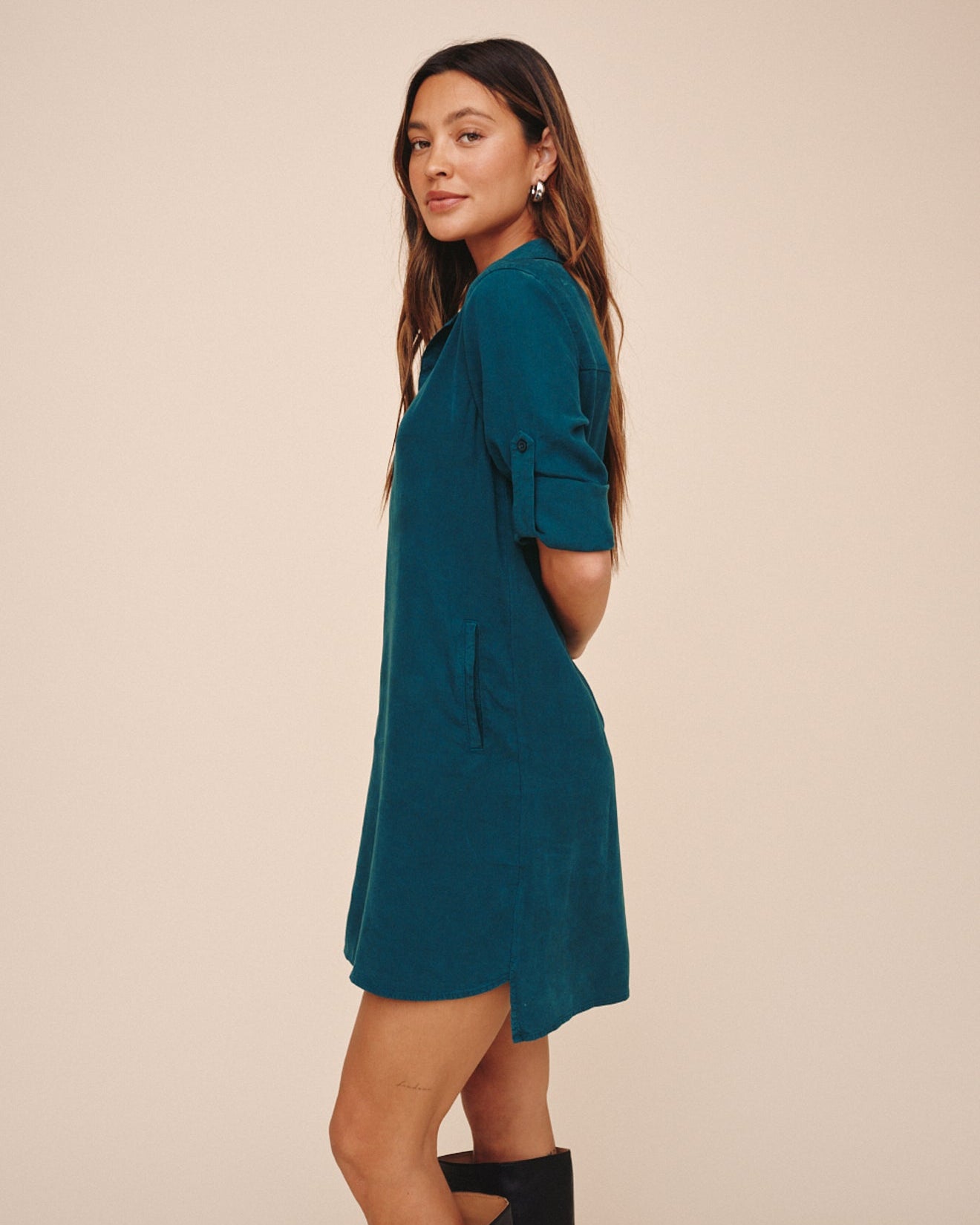 A Line Rolled Tab Sleeve Dress