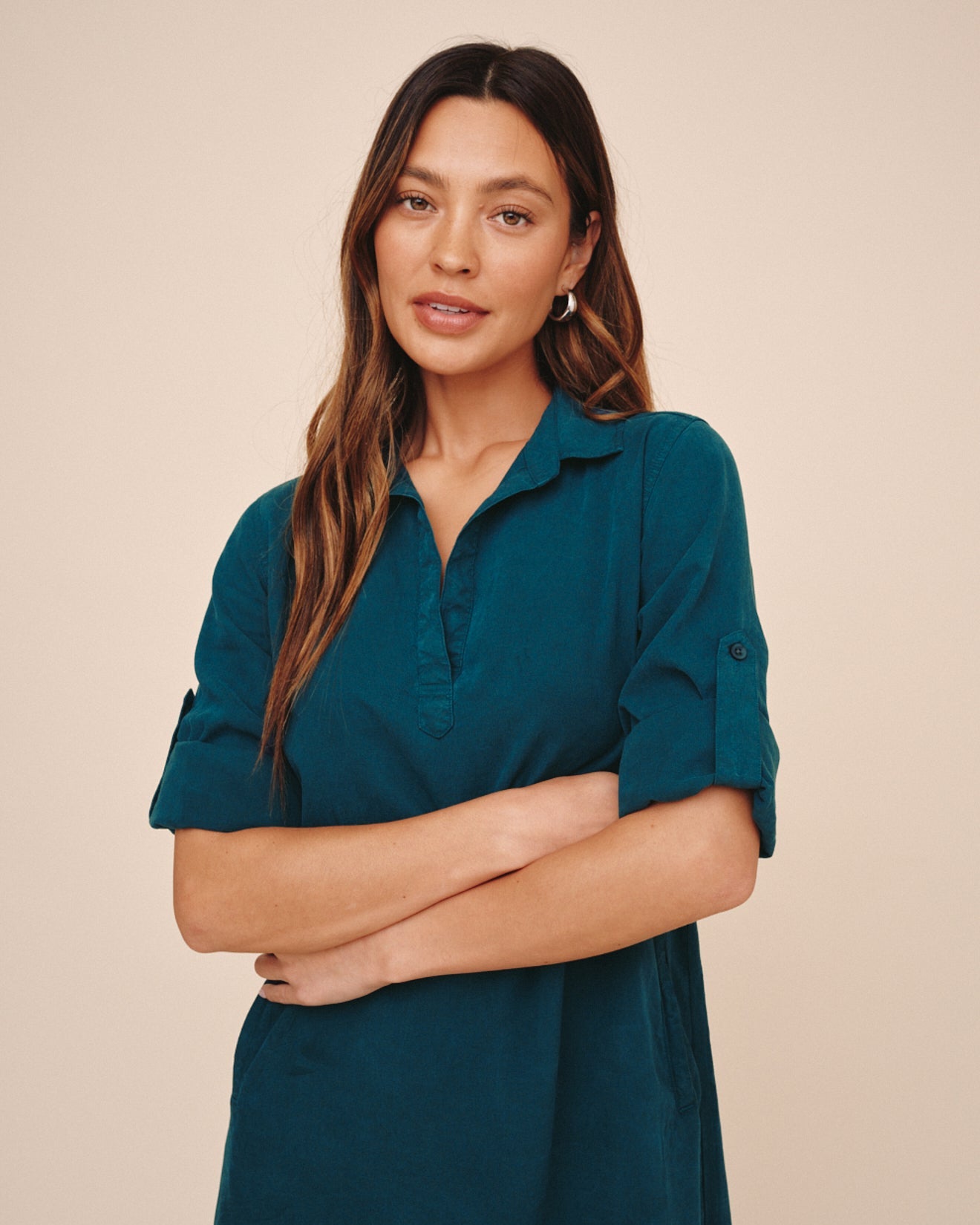 A Line Rolled Tab Sleeve Dress  Twilight Teal