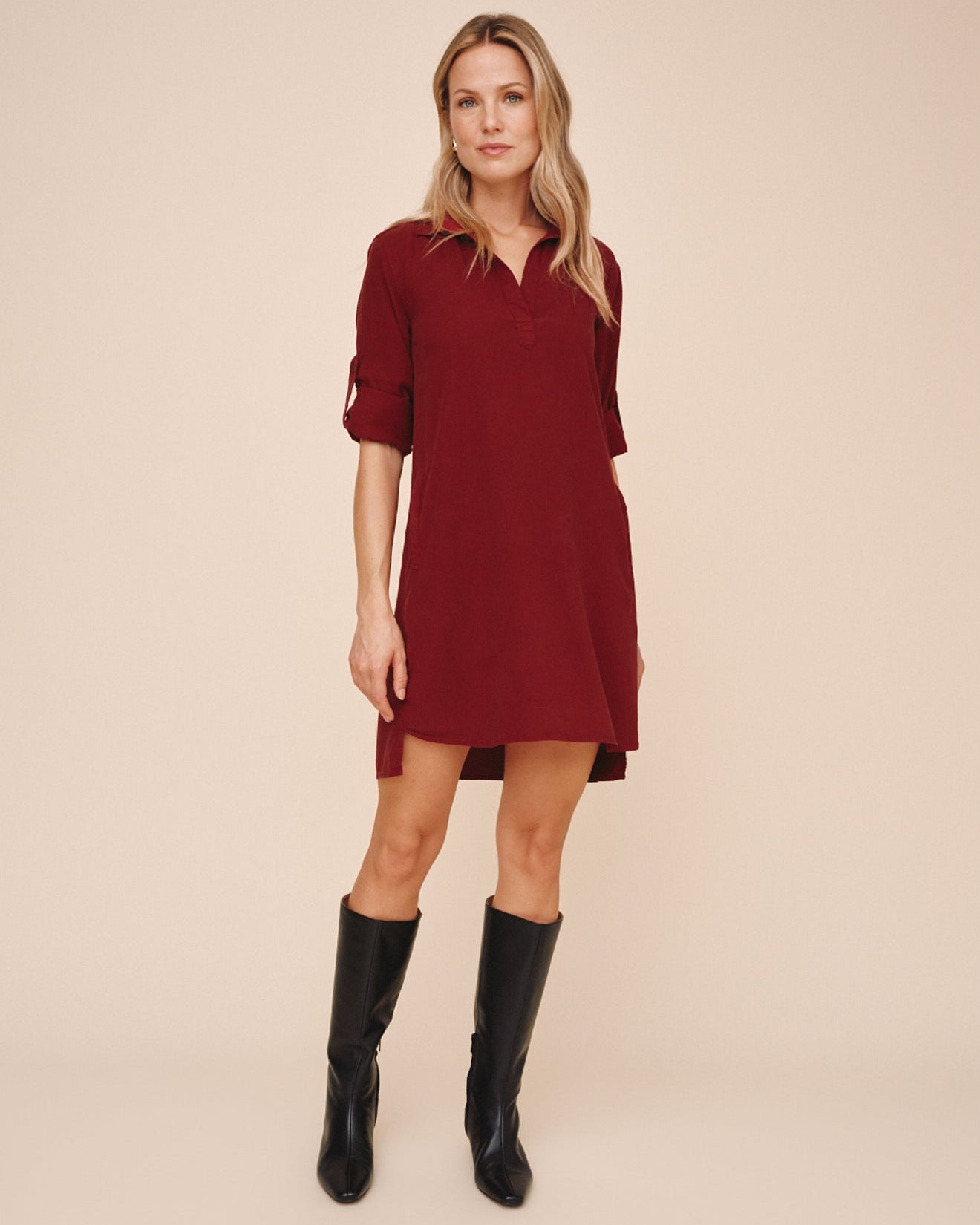 A Line Rolled Tab Sleeve Dress - Deep Crimson