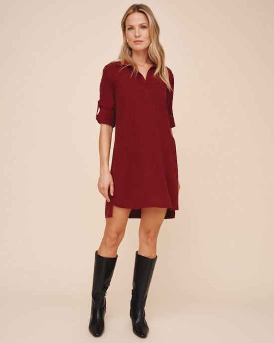 Bella Dahl A Line Rolled Tab Sleeve Dress  - Deep Crimson