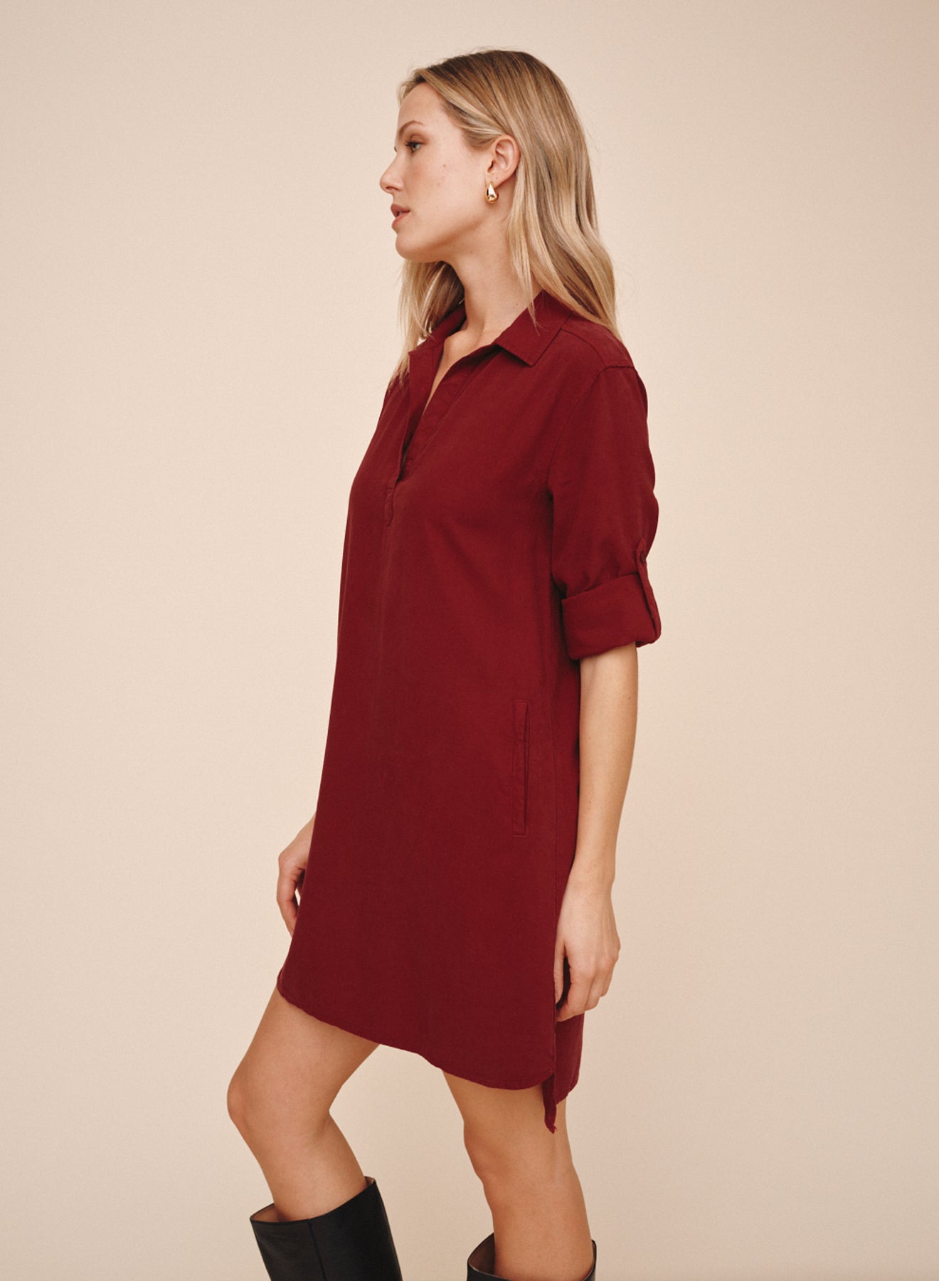 A Line Rolled Tab Sleeve Dress  - Deep Crimson