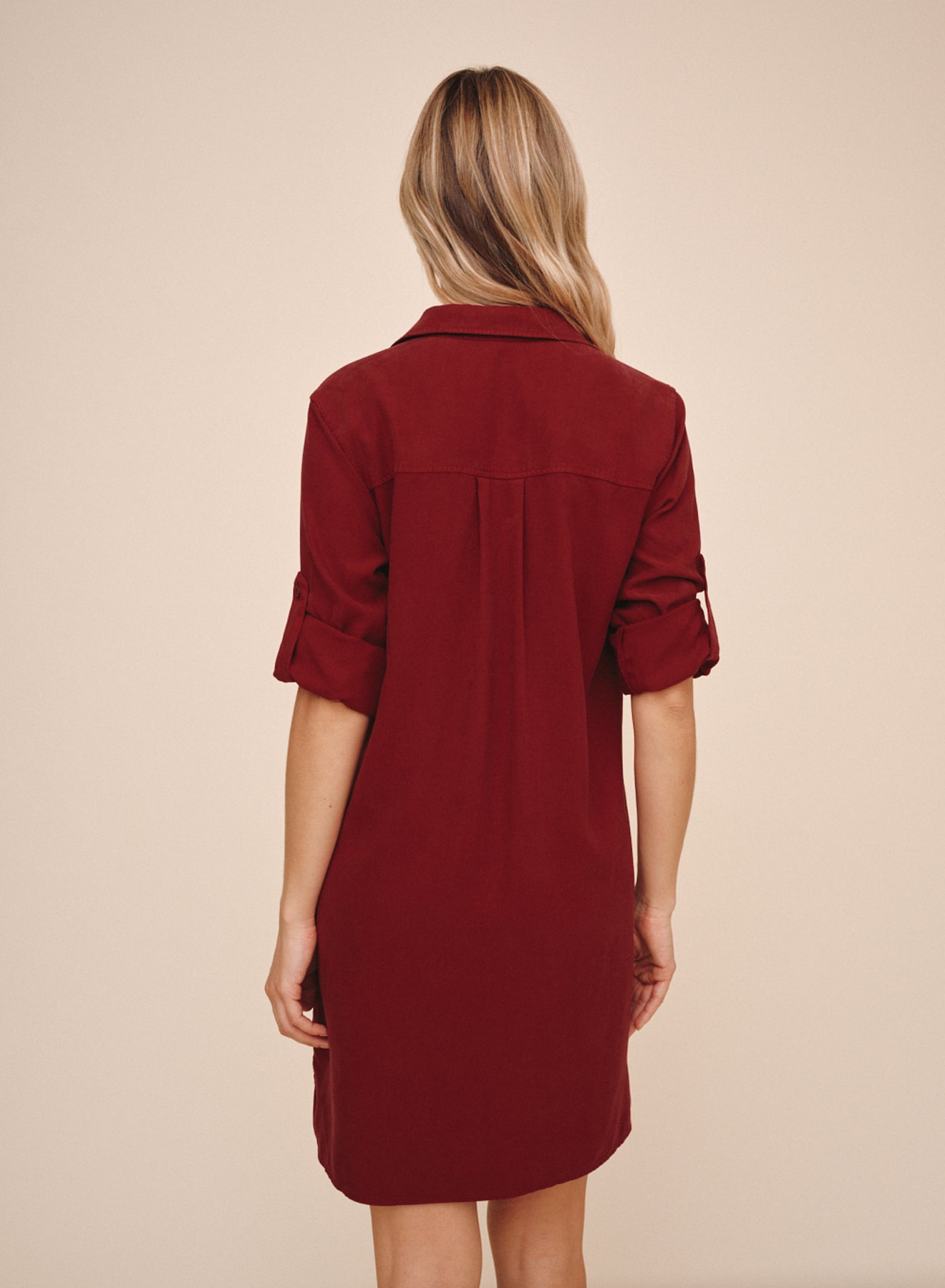 A Line Rolled Tab Sleeve Dress  - Deep Crimson