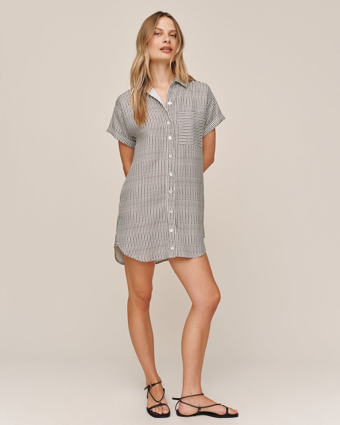 Roll Sleeve Pocket Shirt Dress - Hatch Stripe