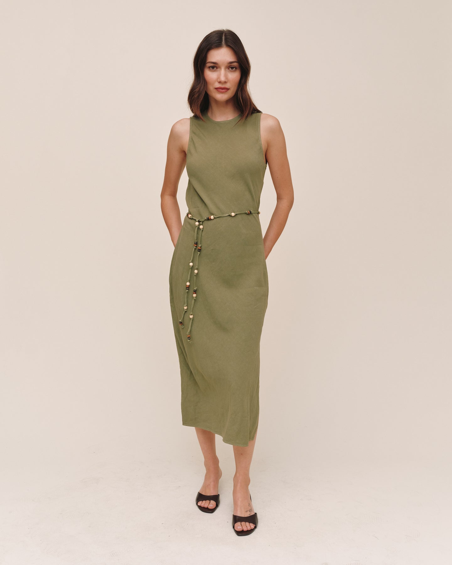 Bias Midi Dress With Beaded Belt - Olive Leaf
