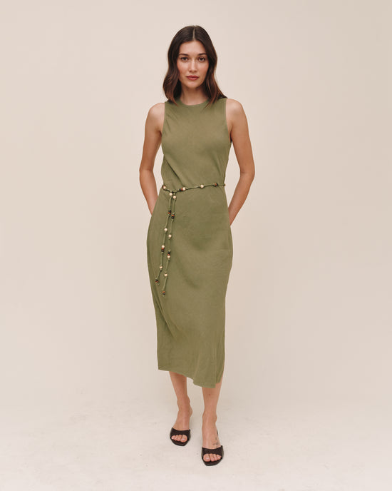 Bella Dahl Bias Midi Dress With Beaded Belt - Olive Leaf