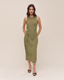 Bias Midi Dress With Beaded Belt - Olive Leaf