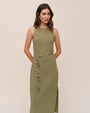 Bias Midi Dress With Beaded Belt - Olive Leaf