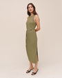 Bias Midi Dress With Beaded Belt - Olive Leaf