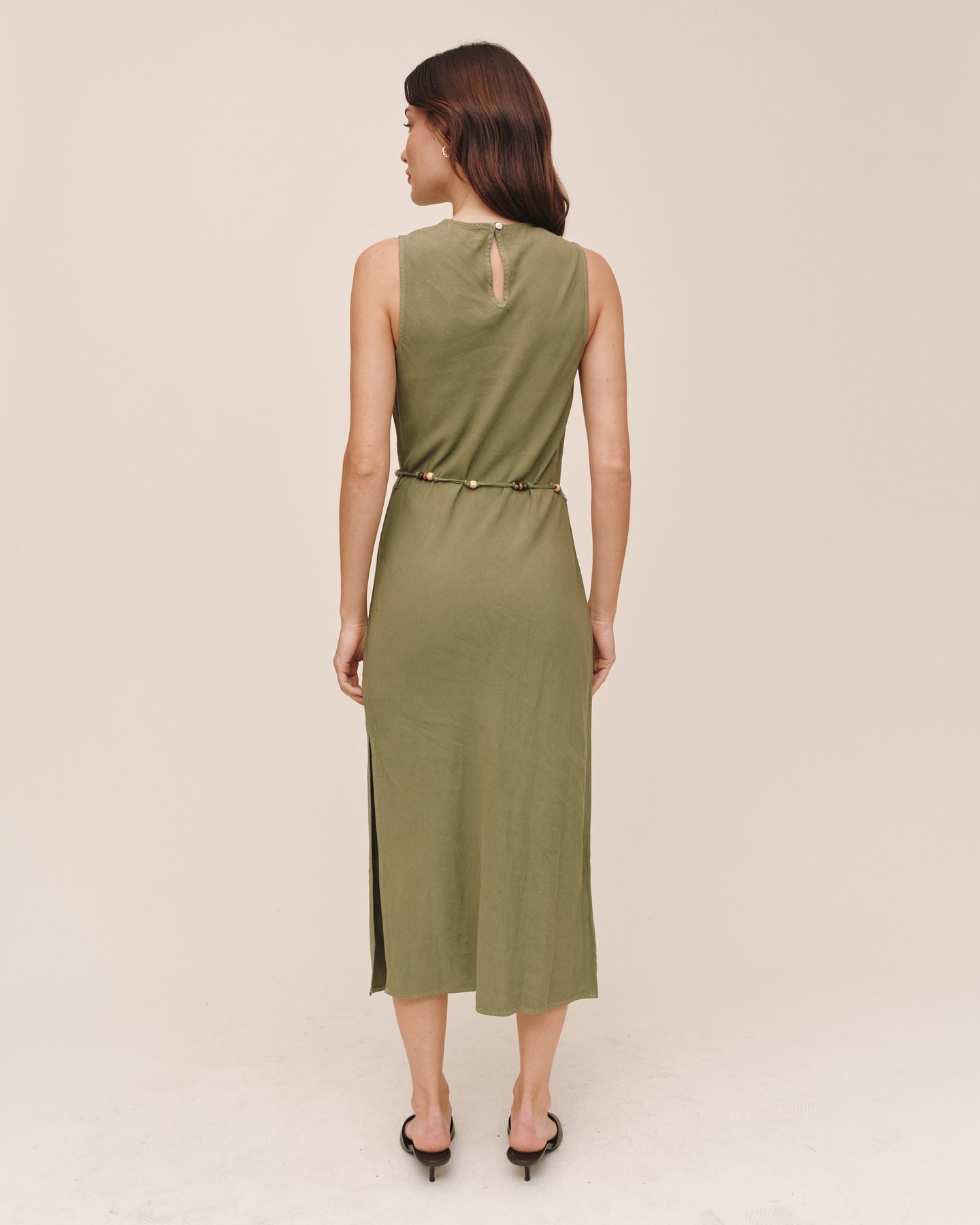 Bias Midi Dress With Beaded Belt - Olive Leaf