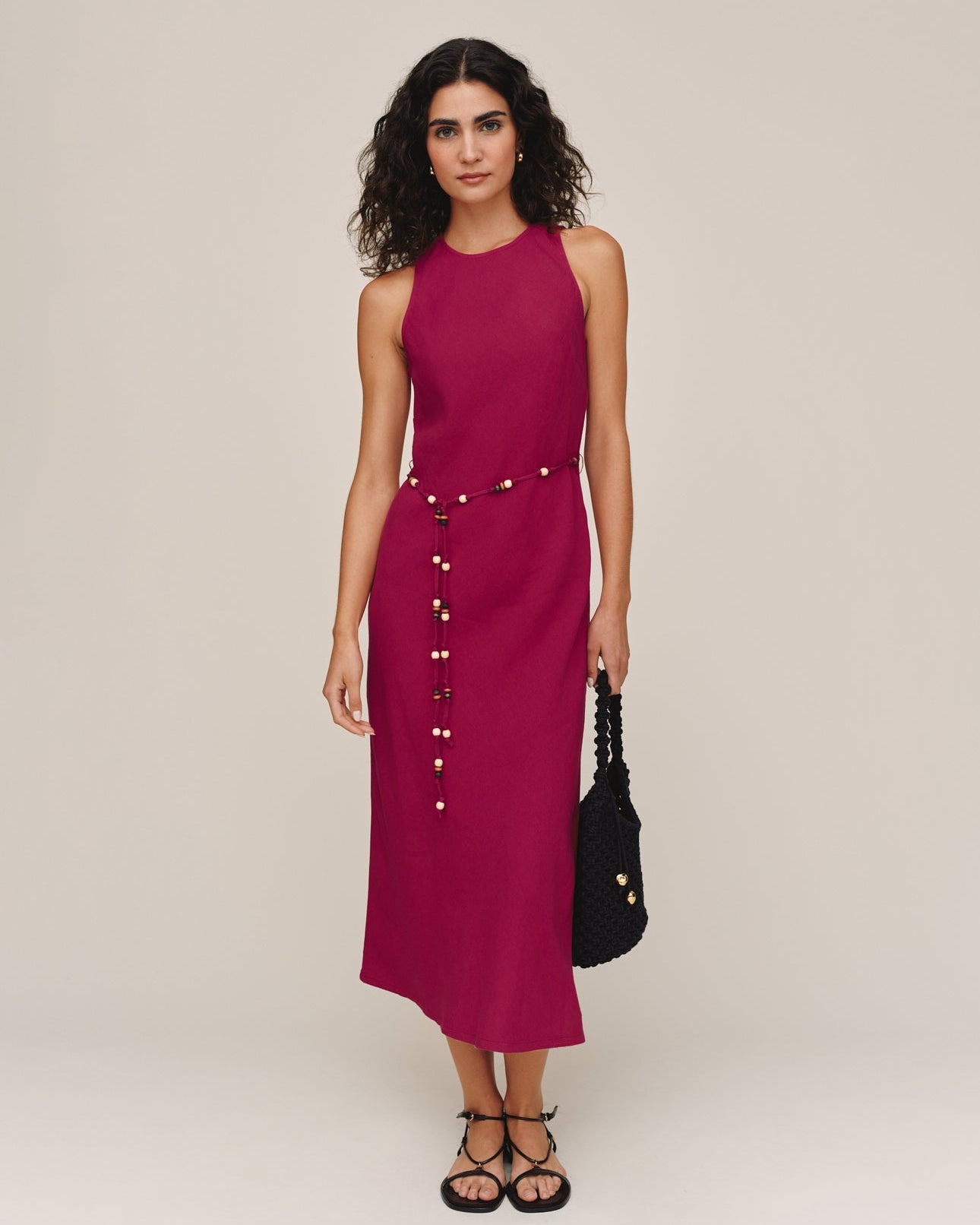 Bias Midi Dress With Beaded Belt - Sangria