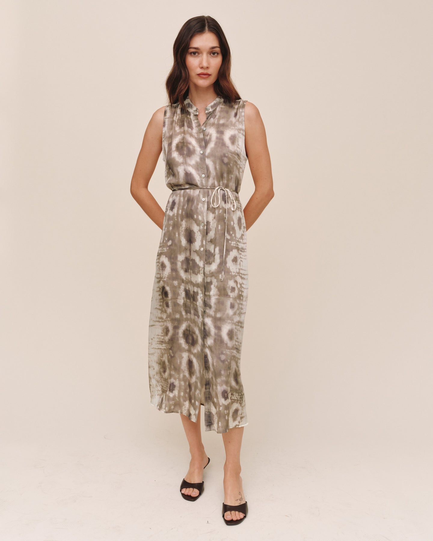 Sleeveless Belted Midi Dress - Sage Snake Print