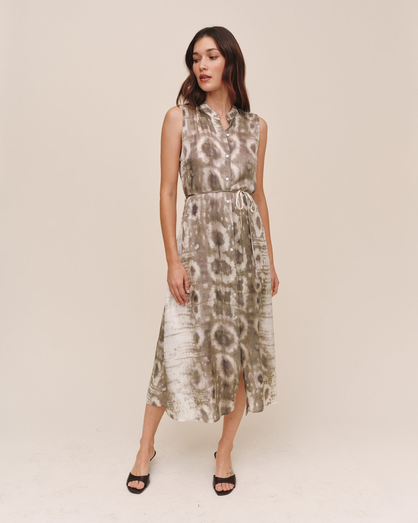 Sleeveless Belted Midi Dress - Sage Snake Print
