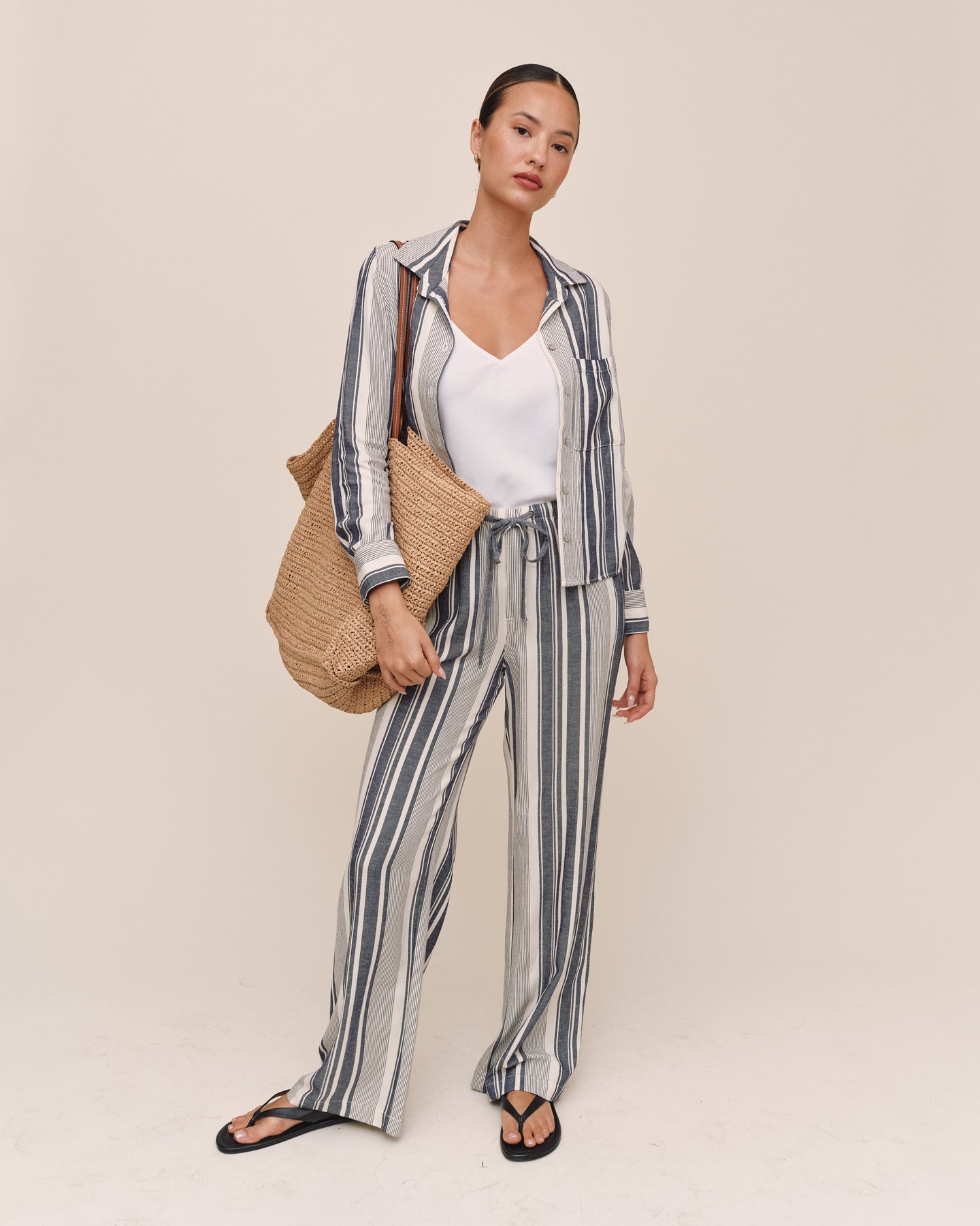 Long Sleeve Crop Pocket Shirt - Worn Navy Stripe