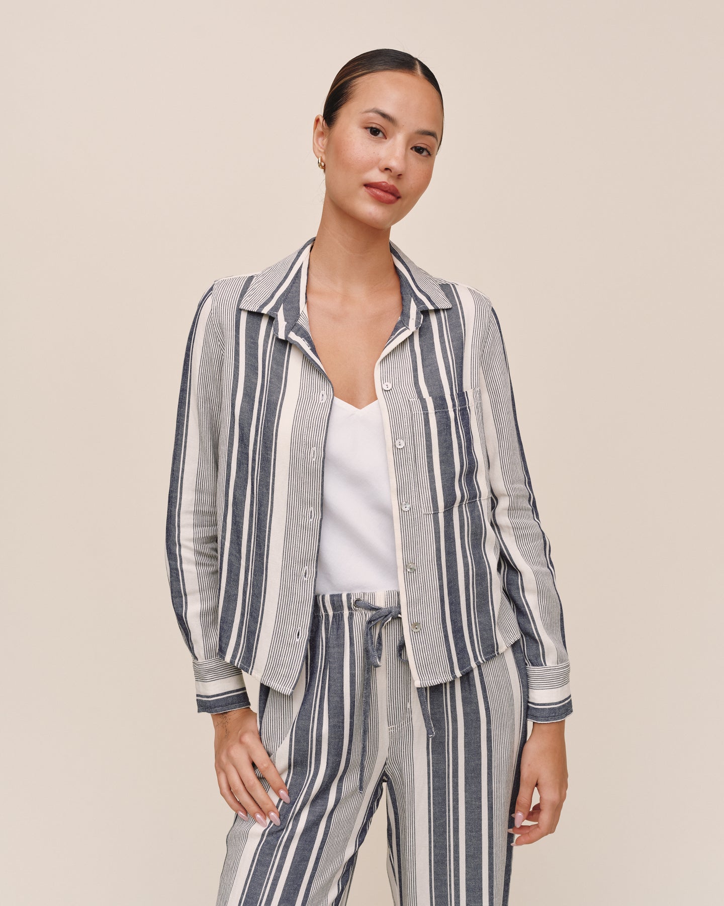 Long Sleeve Crop Pocket Shirt - Worn Navy Stripe