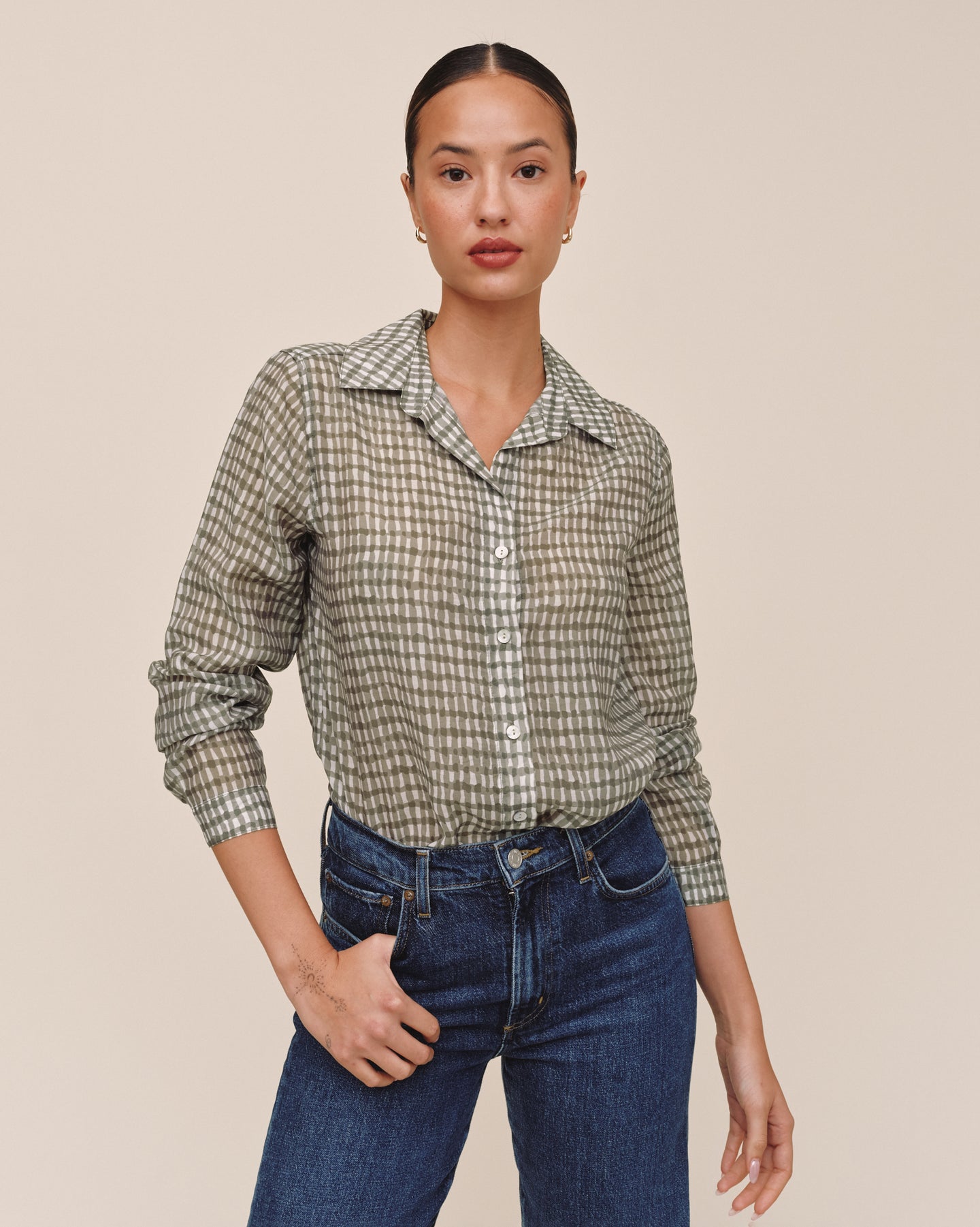 Classic Button Down - Olive Gingham Print