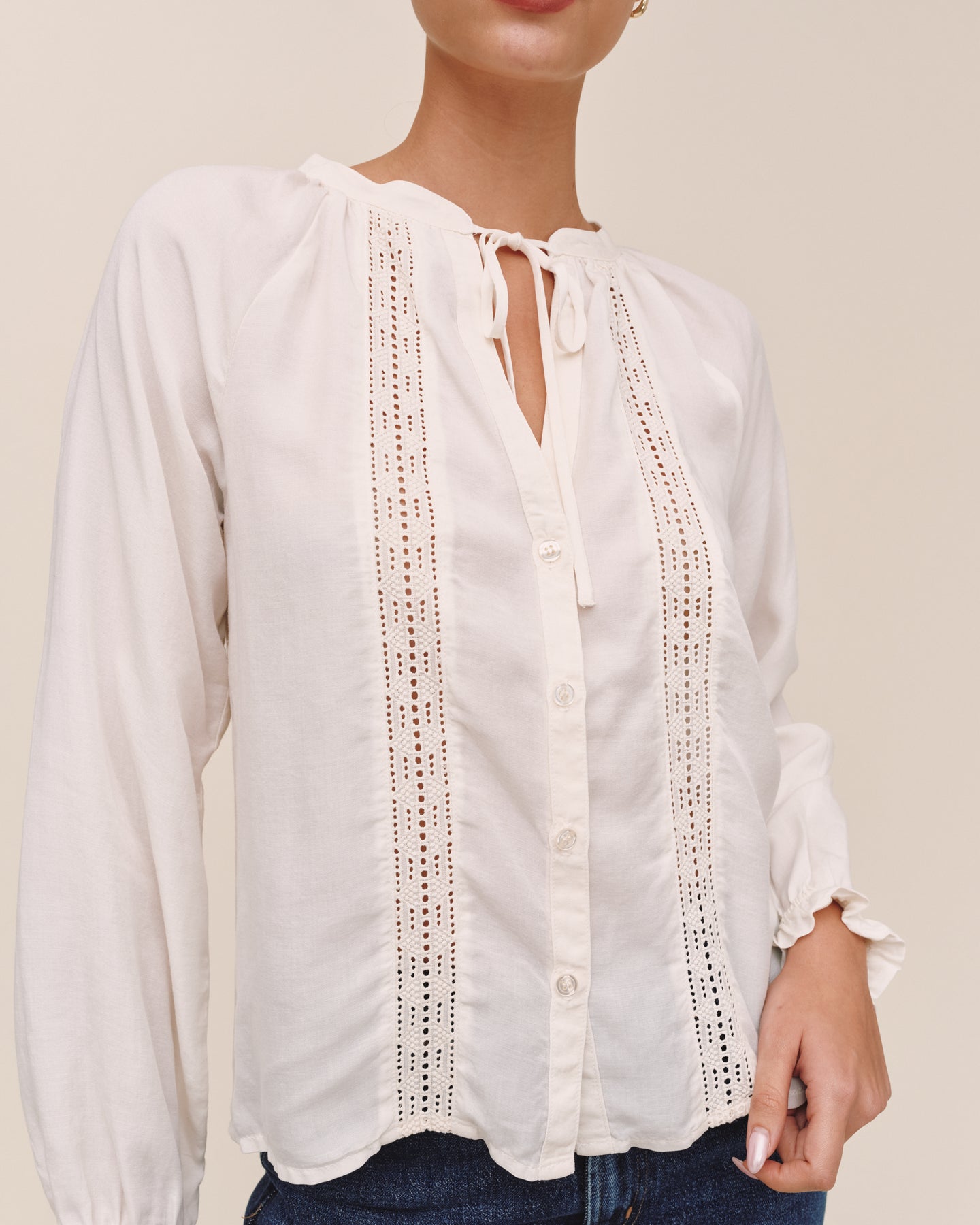 Raglan Sleeve Top With Lace Inset - Ivory