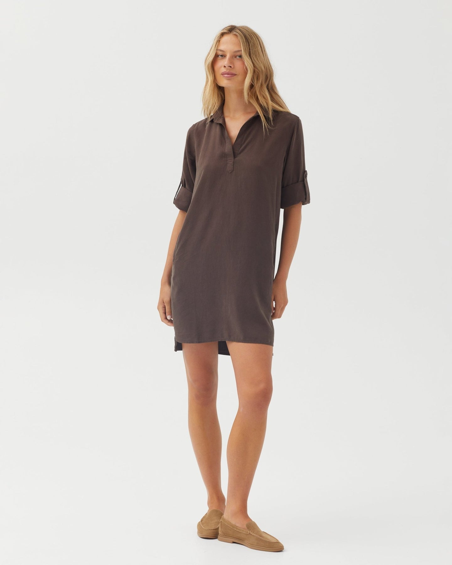 Bella DahlA Line Rolled Tab Sleeve Dress - Dark ChestnutDresses