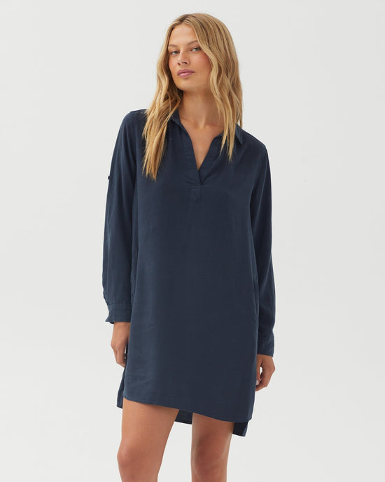 Bella Dahl A Line Rolled Tab Sleeve Dress - Endless Sea