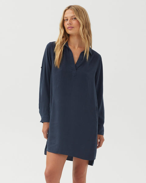 A-Line Rolled Tab Sleeve Dress in Endless Sea - Bella Dahl
