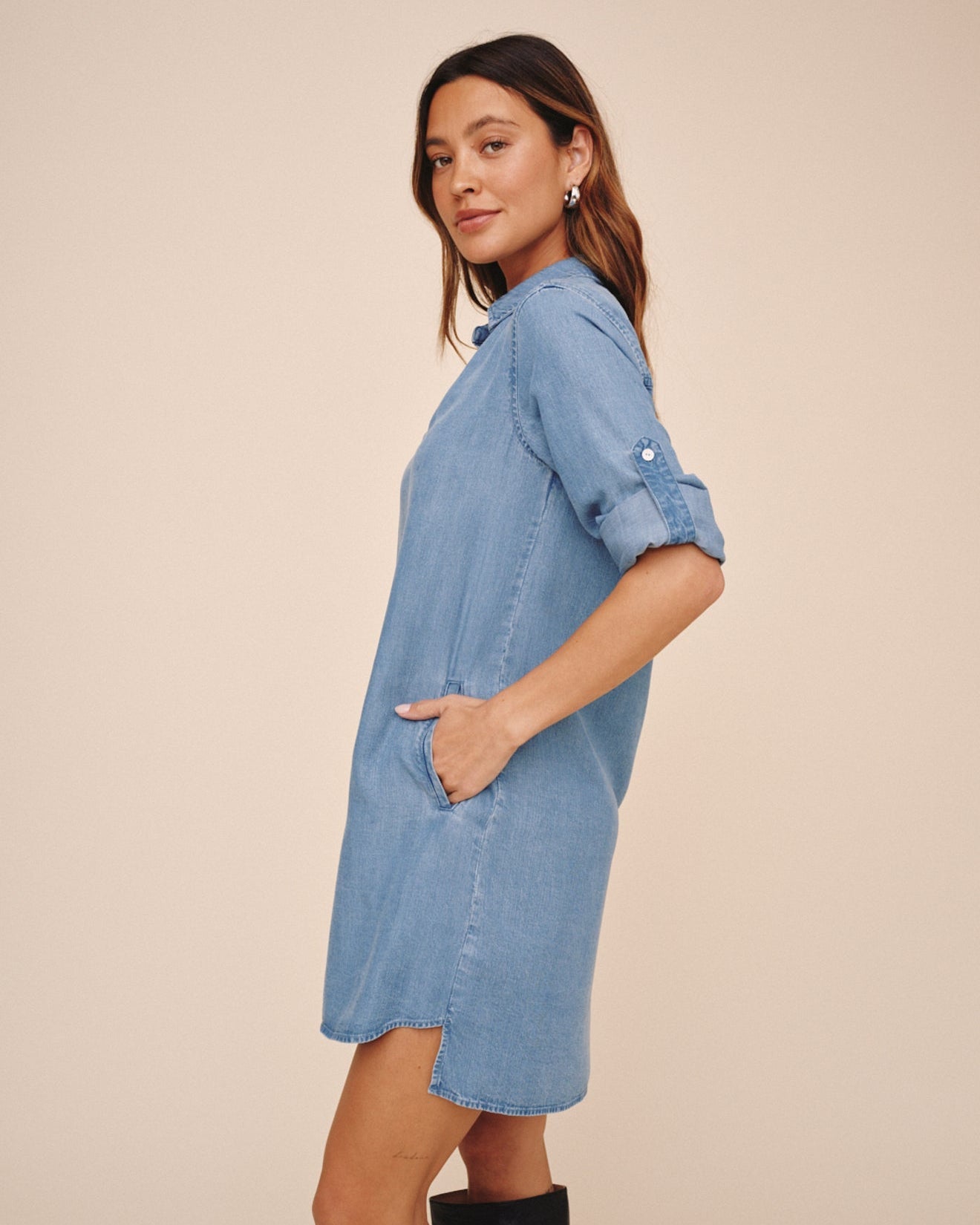 A Line Rolled Tab Sleeve Dress